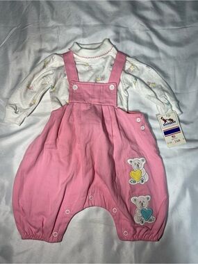 Vintage Buster Brown Baby Girl 2Pc Overall Set 3-6M Pink Teddy Bear NWT